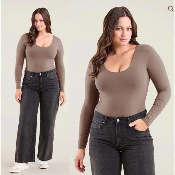 Nuuds Bodysuit Plus Size Brown Mocha Long Sleeve Scoop Neck Stretchy XXXL 3X - Picture 7 of 8